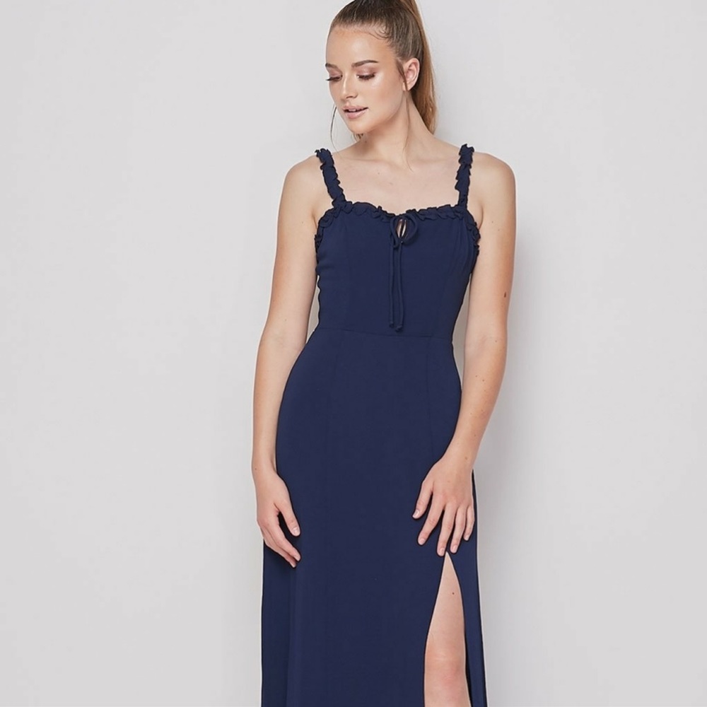 NWT Teeze Me Spaghetti Stap Navy Blue Maxi Slim With Slit Front Dress Si…